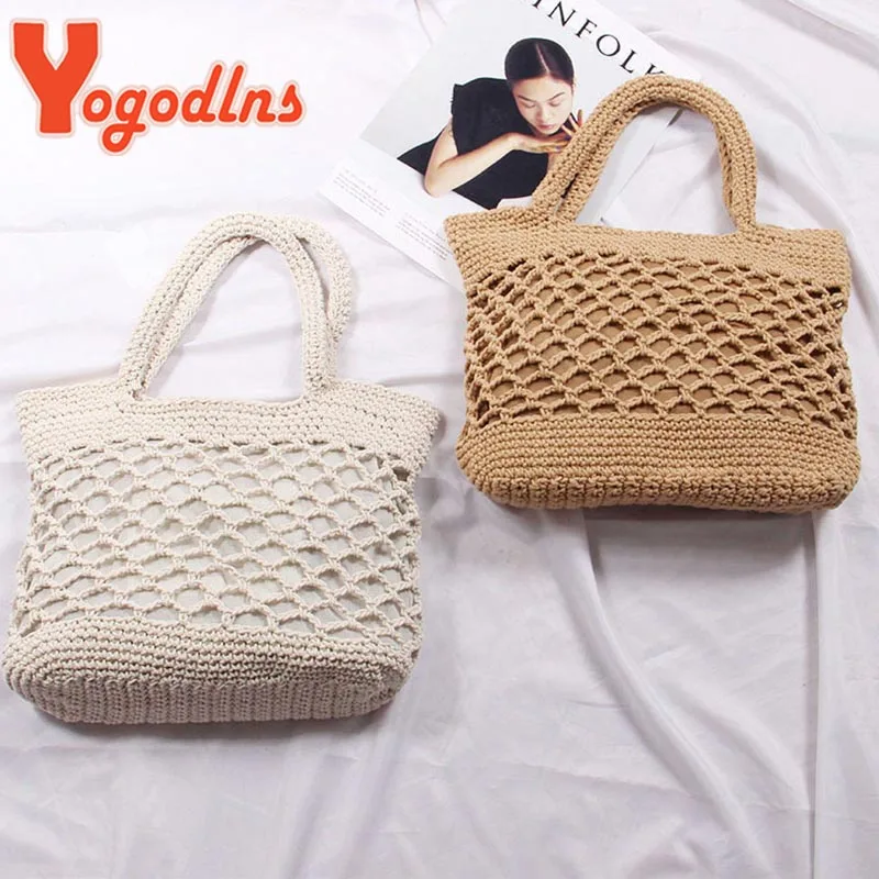 New Crochet Beach Handbag for Girls Summer Straw Rope Hollow Out Hand Woven Totes Bag Women Hollow Knitting Handbag