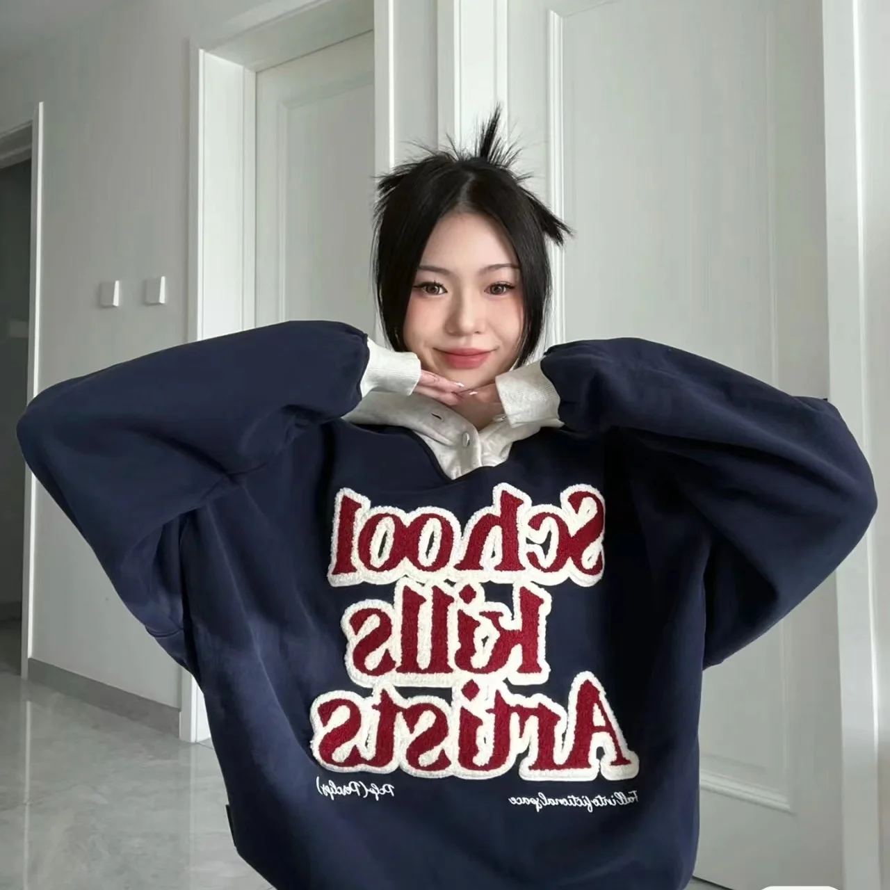 Korea Letter Print Oversized Hoodie Women'S Y2K Streetwear Loose Versatile Sweatshirt Clothes