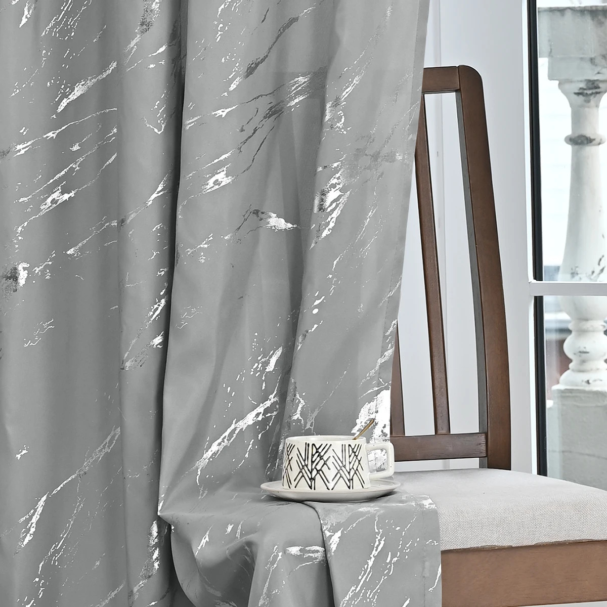 2pcs Luxury Marble Pattern Curtains with Gold Foil Precision, Rod Pocket Window