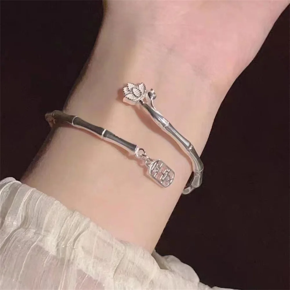 Bamboo Bracelet For Women Silver Color Fashion Lotus Flower Make A Wish Women Jewelry Birthday Present Gift