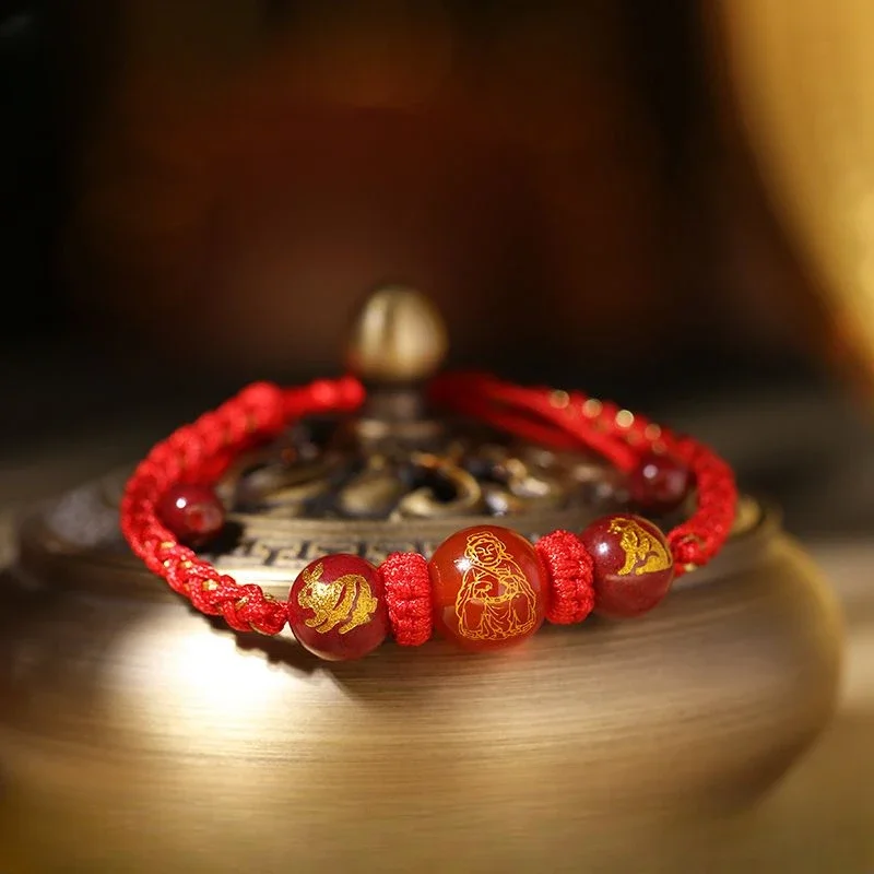 

Year of Birth Cinnabar Red Rope Bracelet General Li Cheng Zodiac Agate Gilding Beads Red Rope Adjustable Bracelet Gift