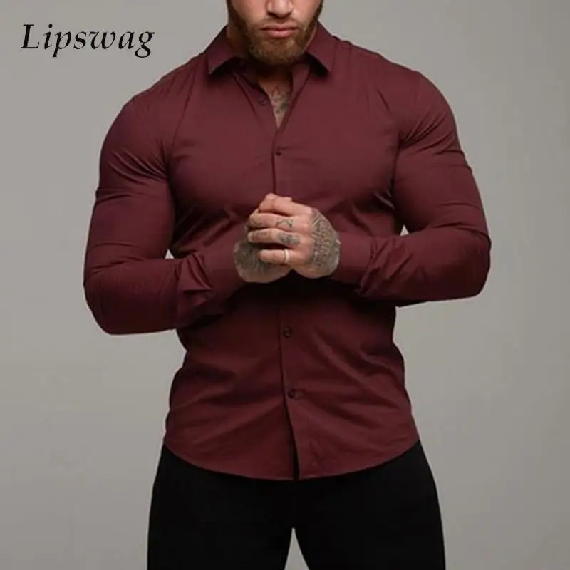 

Muscle Long Sleeve Slim Fit Mens Shirts Solid Color New Casual Buttoned Turn-down Collar Shirt 2024 Spring Autumn Men Clothing