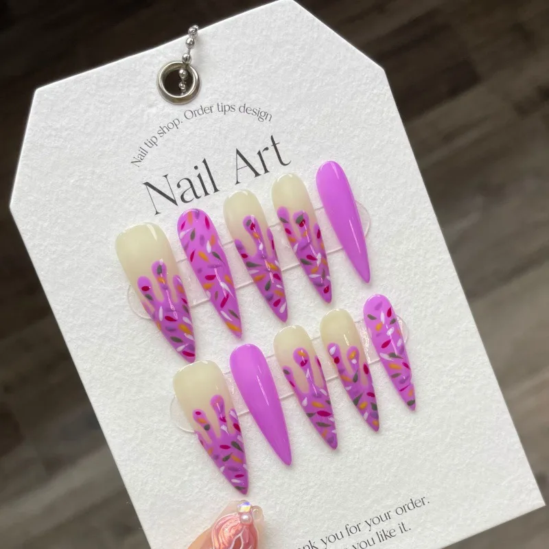 

Handmade Fake Nails Pink Ice Cream Crushed Sugar Microsculpture Hand Painte With Designed Acrylic Full Cover Nail Tips for Girls