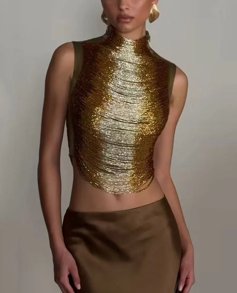 Gacvga Satin Sexy Quasten Crop Tops Meerjungfrau Langer Rock Sets Elegante Damen Ärmellose Slim Tank Top Weste Sommer Party Damen-Set Sb9F4364D7C71416786128Ea42D4980B2V