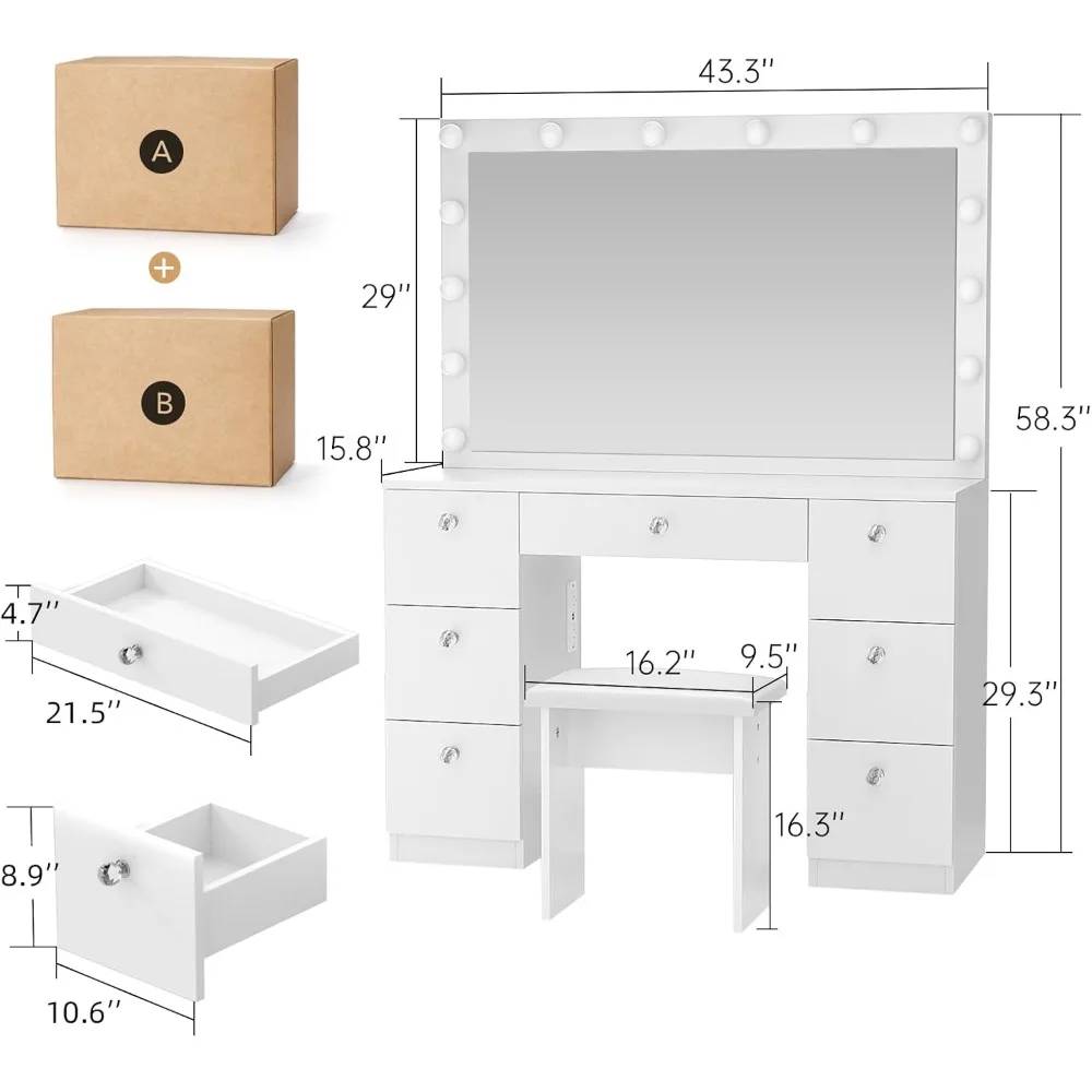 Vanity Makeup Desk with Lighted Mirror, Power Outlet, Soft Stool and 7 Drawers, 3 Color Lighting Modes Adjustable Brightness 3