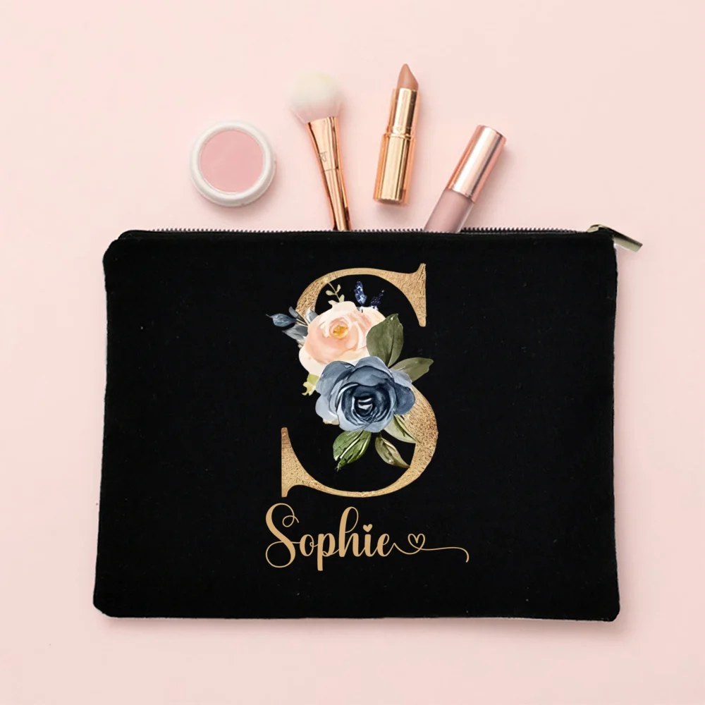 Personalized Makeup Bag Custom Letter with Name Bridesmaid Cosmetic Case Monogram Toiletry Pouch Wendding Birthday Gifts for Her 4