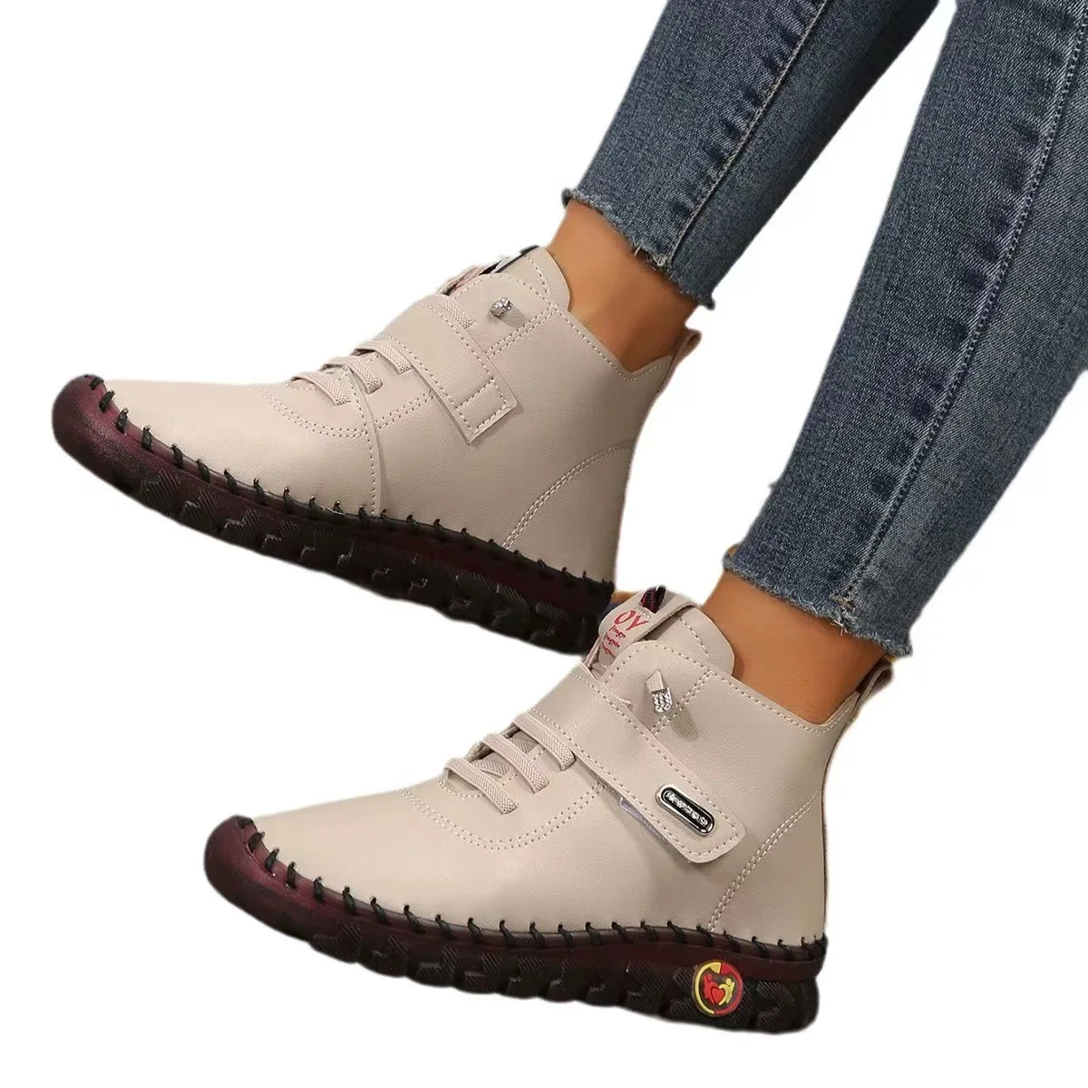 2023 Autumn Winter Women High Top Boots Female Leather Cotton Shoes Soft Sole Comfortable Mom Plush Warm Boots Ladies Furry Boot