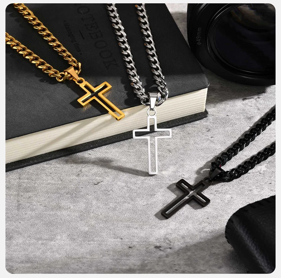 Vnox Herren-Halskette mit hohlem Kreuz-Anhänger, 50 cm, Edelstahl-Anhänger, 17,5 x 30 mm, Schwarz, Gold, Silber, Farbe, Gliederkette, Schmuck, Geschenk – Detail 7