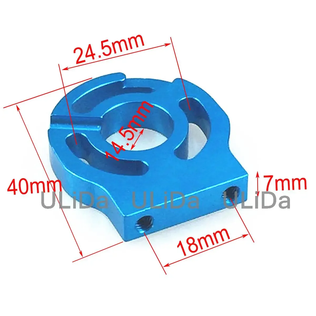 Support moteur alu pour voiture RC, montrant les trous de montage et la finition anodisée.