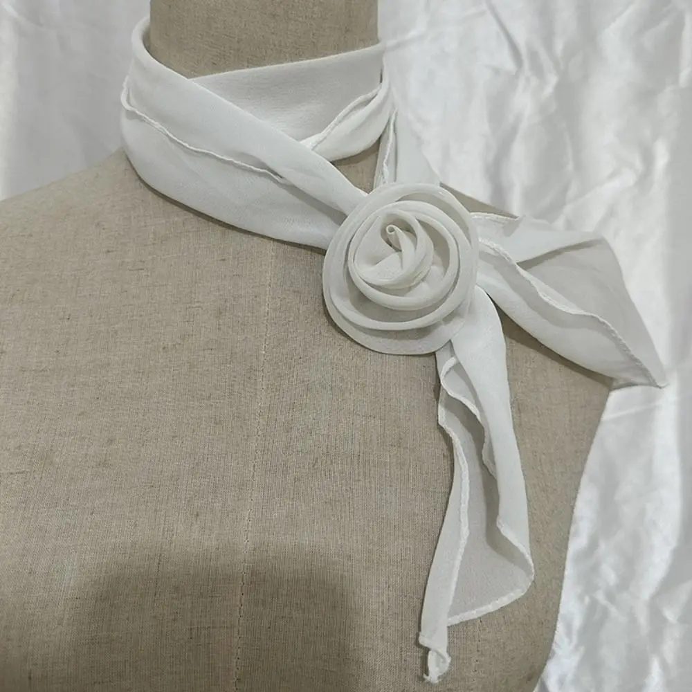 Elegant Rose Flower Long Satin Scarf Soft Kerchief Chiffon Neckerchief Pure Color Collar Decoration Chiffon Scarves 3
