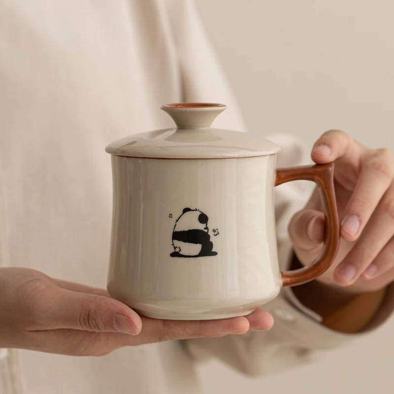 Chinese Style Ceramic Hand Drawn panda Patterns Tea Mugs, Home Personal Creative With Cover, Milk, Water, Coffee Cup, 360ml, 1Pc