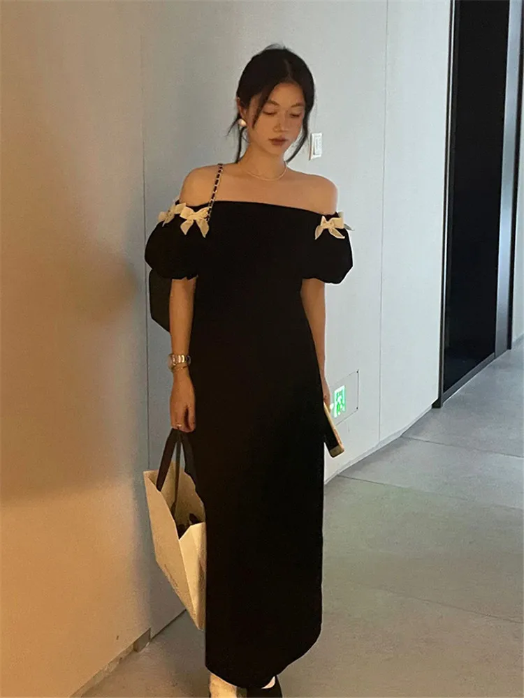 

New Holiday Summer Strapless Long Black Velvet Dress Off Shoulder Bow Puff Sleeve 2024 New Slash Neck Loose Midi Beach Skirt