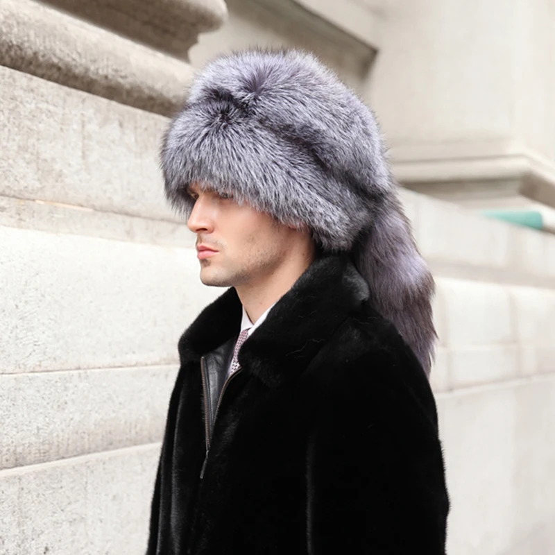 Men Real Fox Fur Beanies Hat Mongolian Hat Unique Process Fox Tail Design  Luxury Winter Warm Hats For Fashion Men Bomber Hat