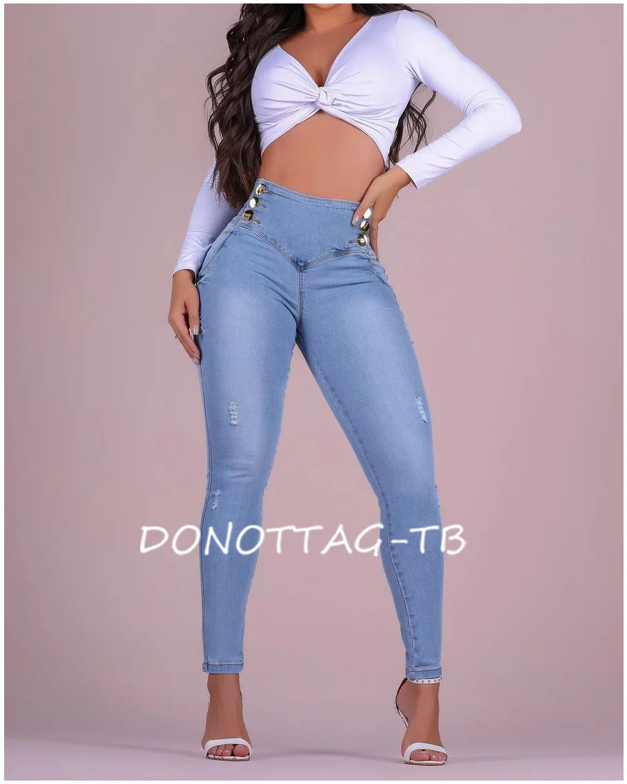 High Waist Jeans Double Buttons Tummy Control Stretchy Hotsweet Denim Pants Skinny Shine Leggings NEW 2023