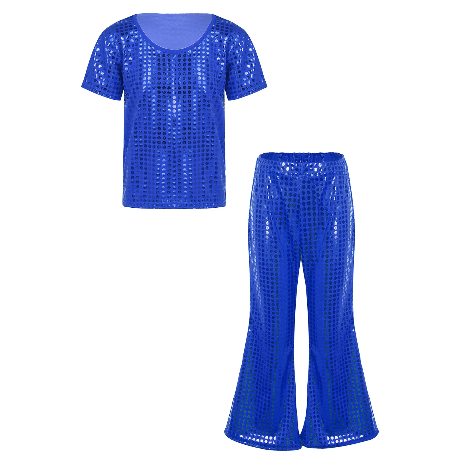 Bambini Ragazzi Ragazze Hip Hop Jazz Abiti da ballo di strada Costume da performance sul palco T-shirt con paillettes lucide Pantaloni svasati Set Abbigliamento da ballo - immagine 2