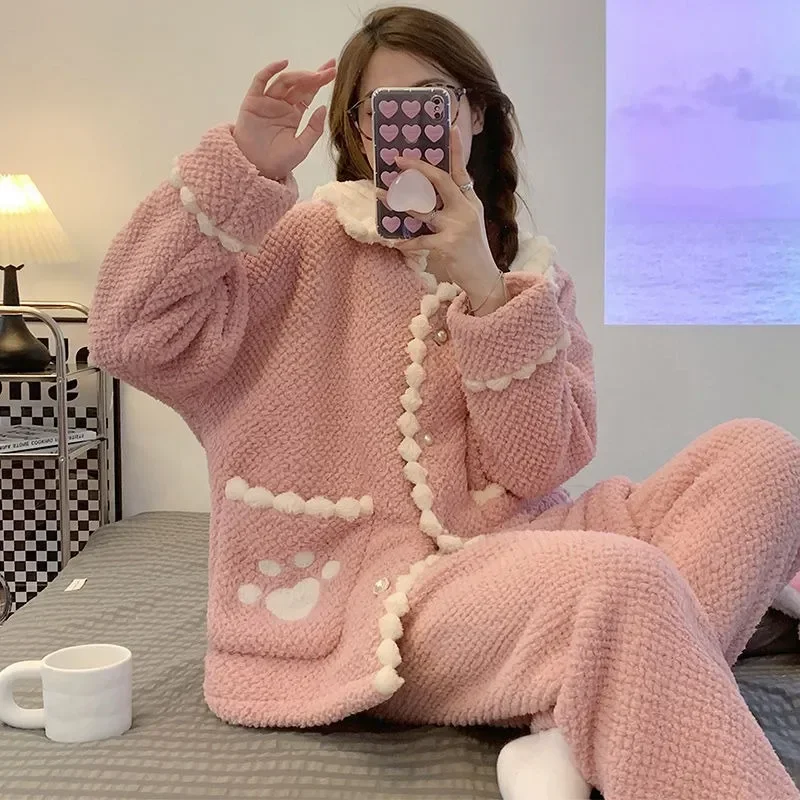 

Flannel Clothes Coral Leisure Nighty Women Winter Suit Wear Plush Velvet Autumn Thickened 2023 New Warm Home Cute Pajamas