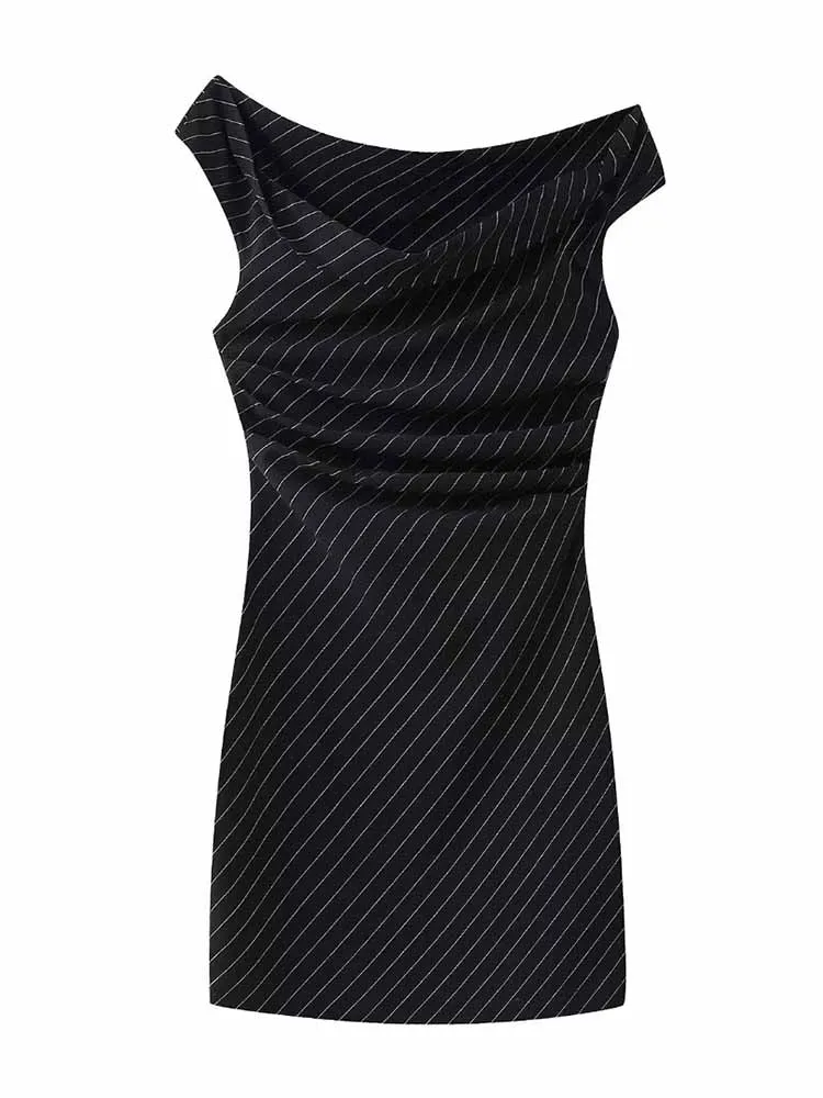 

Women New Chic Fashion Pleated decoration Slim Pinstripe Mini Dress Vintage Off Shoulder Sleeveless Female Dresses robe Mujer