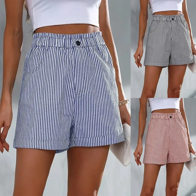 Women Summer Striped Plaid Print Short Pants Buttons Casual Curly Streetwear Cool Girl Elegant New Fashion Sweet Shorts(no Belt)