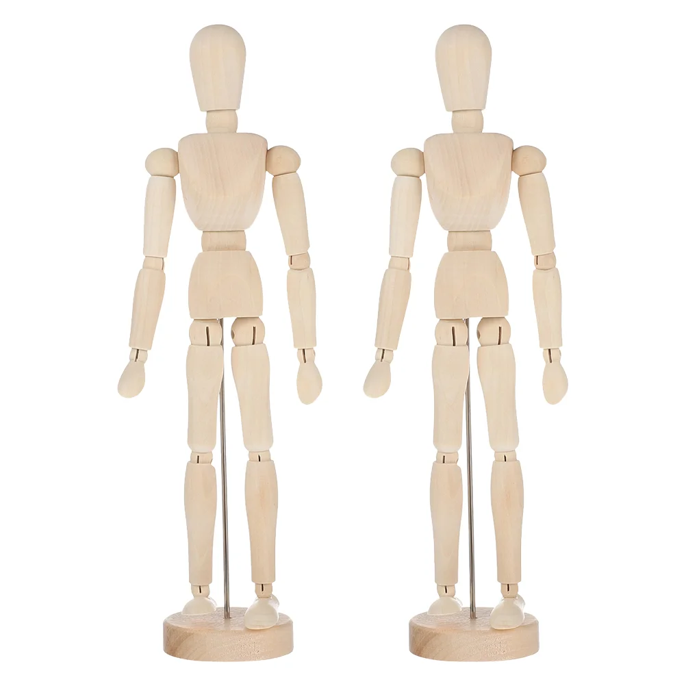 

2 Pcs Solid Wood Ornaments Puppets Jointed Adornment Desktop Man Model Sketch Movable Wooden