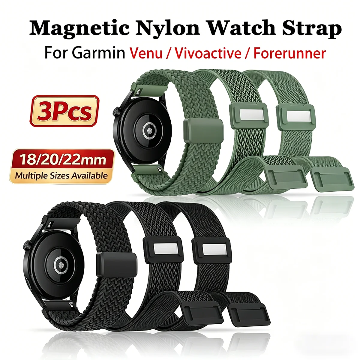 Nylon Sports Strap Bracelet Belt - Set of 3, 20mm/22mm