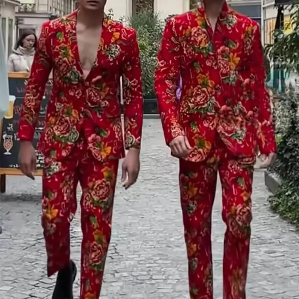 Men Coat Pants Suit Chinese Northeast Style Luxuriant Flower Print Lapel Cardigan Unisex Formal Suit Men Jacket Trousers Set