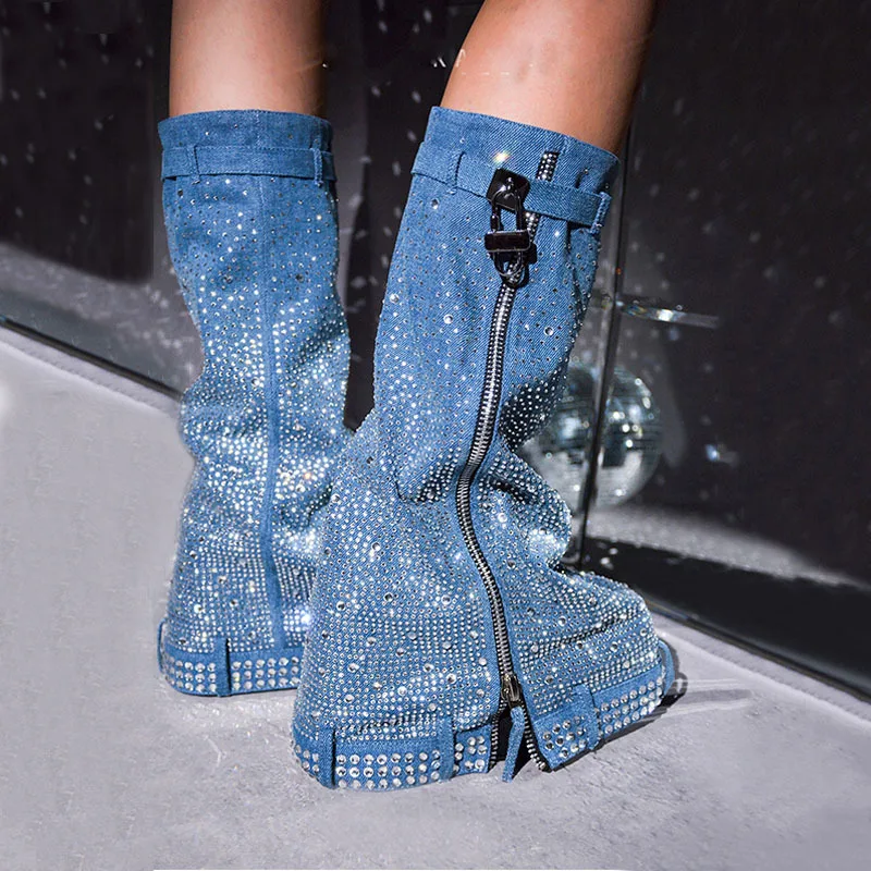 

Lady Glitter Colorful Rhinestone Knee Boots Metal Rievt Bling Crystal Zip Boots Blue Cowboy Fold Over Boots Balck Platform
