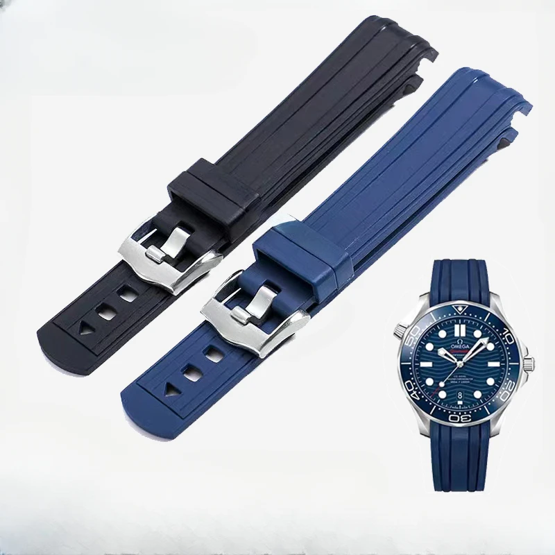 Per Omega Black Blue Watchband Seahorse 300 Gomma Fluorurata Silicone Men Marine Universe 007 600 20Mm Arc Interface Watch Strap