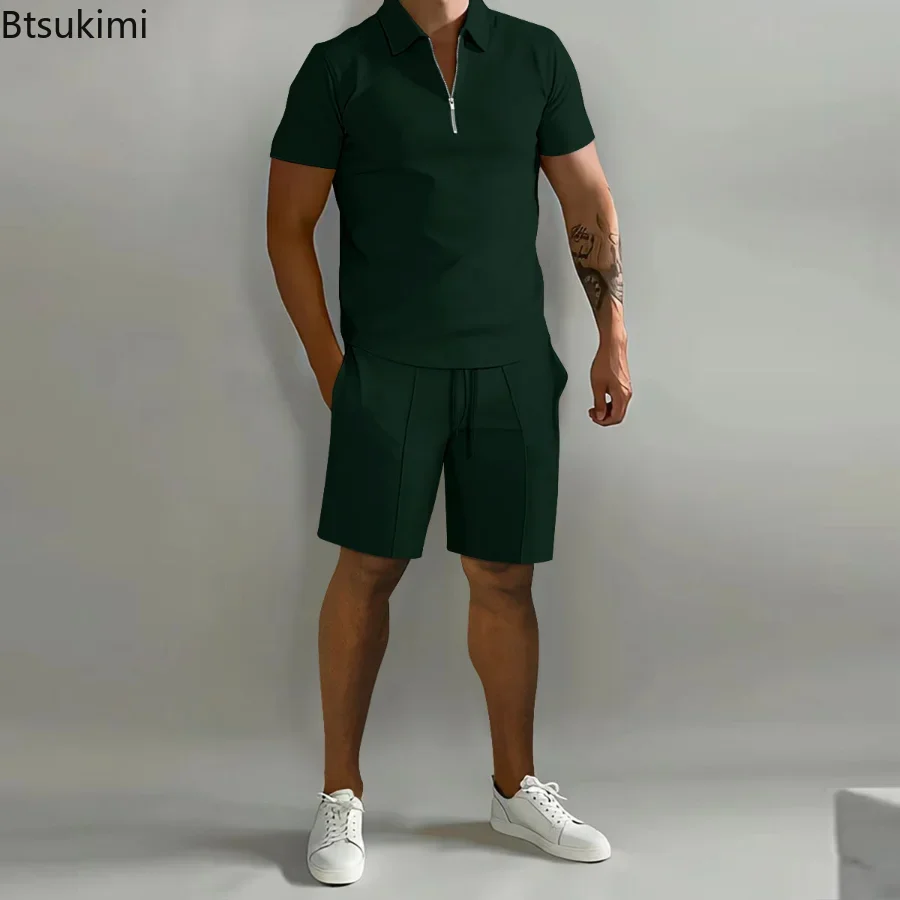 

2024 Summer Short Sleeve Thin Polo Shirt+Sport Shorts 2 Piece Men's Tracksuit Suit Men Solid Set Casual Jogging Sportswear Sets