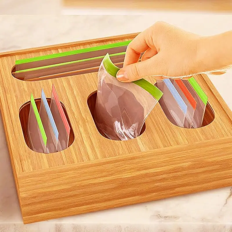 Bamboo Organizer Food Film Dispenser Wrap Dispenser with Cutter Storage Box Aluminum Foil Stretch Film Cutter Kitchen Accessorie