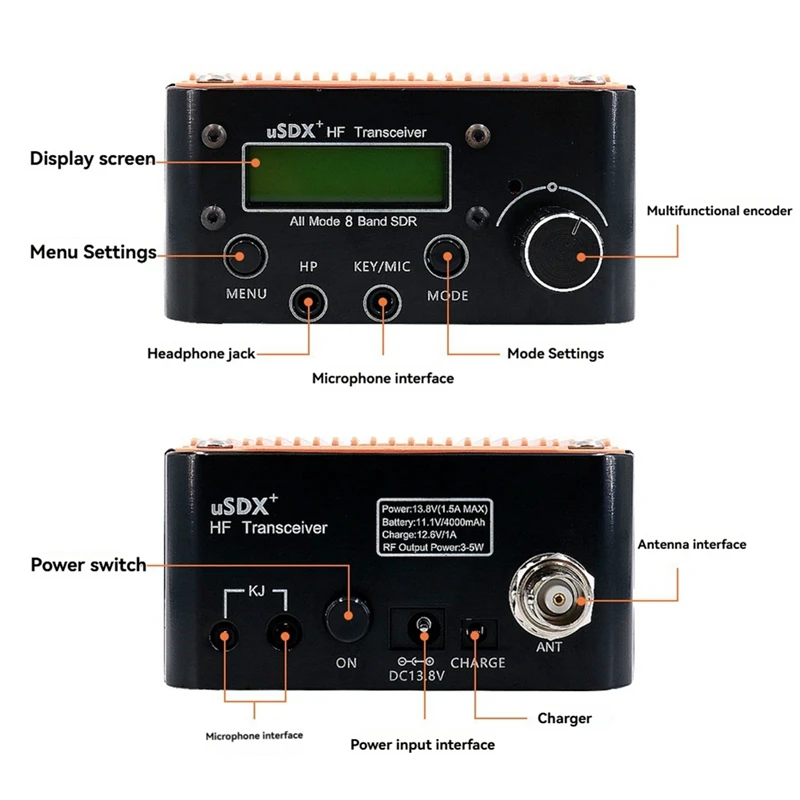 USDR USDX+Plus V2 8 밴드 SDR 트랜시버 모든 모드 HF SSB QRP 트랜시버(LCD 스크린 스피커 포함) EU 플러그-A86Z