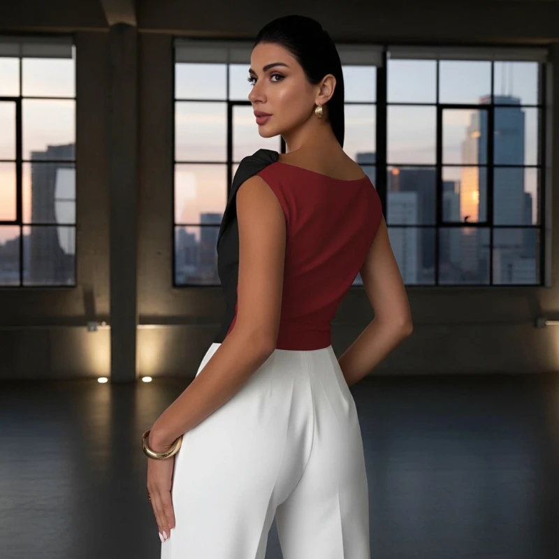 Summer Fashion New Color Matching Slanted Shoulder Pleated Edge Slim Women's Sleeveless T-shirt Temperament Commuter Top Women