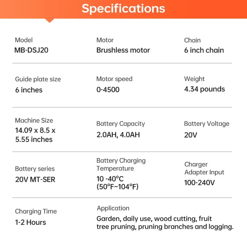 MINUMX 20 В бесщеточная бензопила пила 6 -дюймовая электрическая портативная мини -беспроводная цепная пила