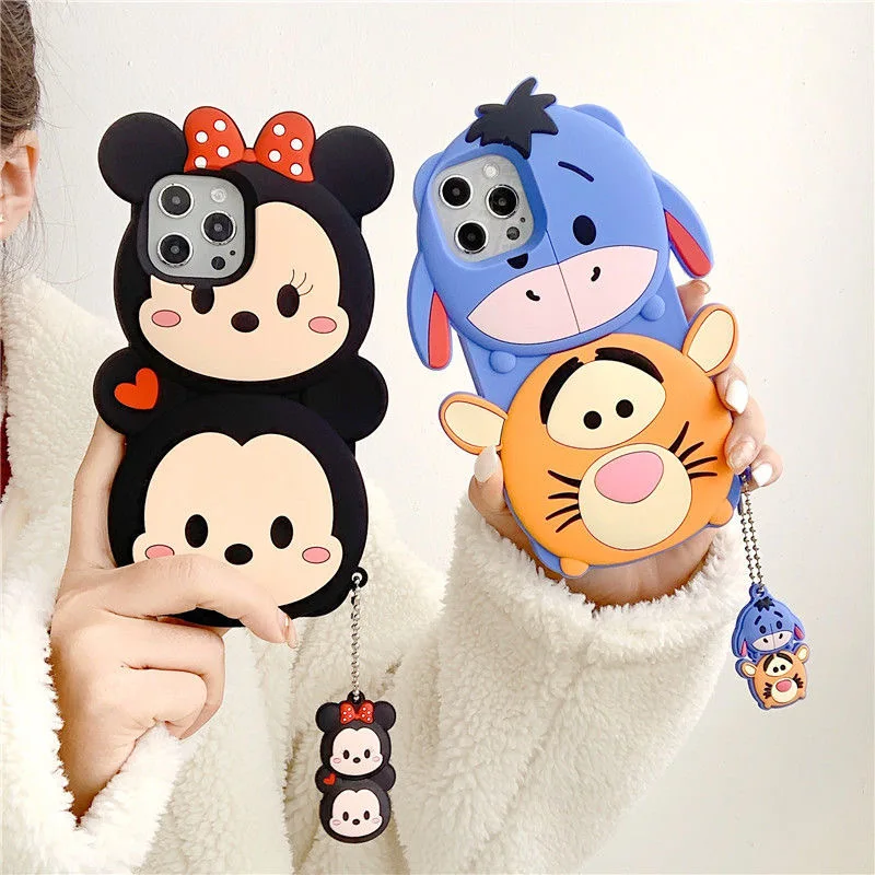 Disney Mickey Winnie Pooh 3D Cartoon Mobile Phone Case with Pendant for iPhone 13 12 11 Pro Max XR XS Plus Cute Back Covers best iphone 13 pro max case