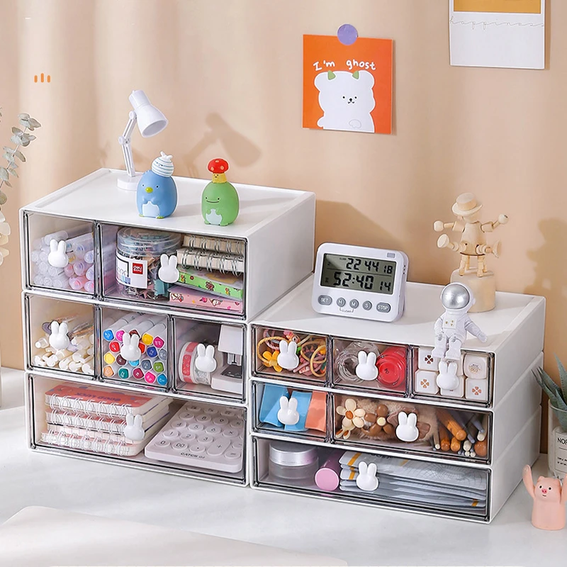 Desktop Storage Box Rabbit Desktop Storage Boxes Multi Grids Stationery Organizer Drawers Transparent Desk Storage Office Cute Stationery