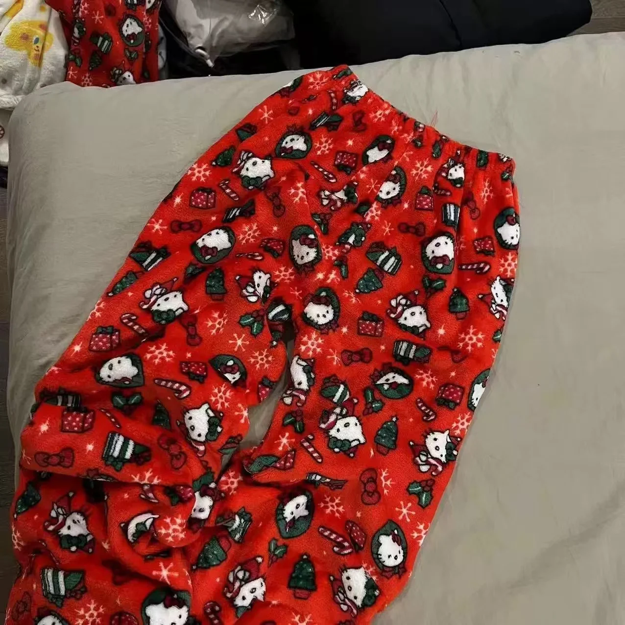 Christmas Hello Kitty pajama pants, loose anime-style loungewear trousers for women, cute cartoon couple sleepwear from CyberStreetOne.com red 2
