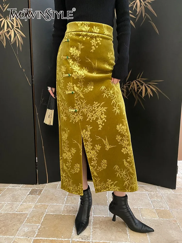 

Женская юбка с бамбуковым принтом TWOTWINSTYLE, белая облегающая юбка с разрезом и высокой талией в китайском стиле на лето