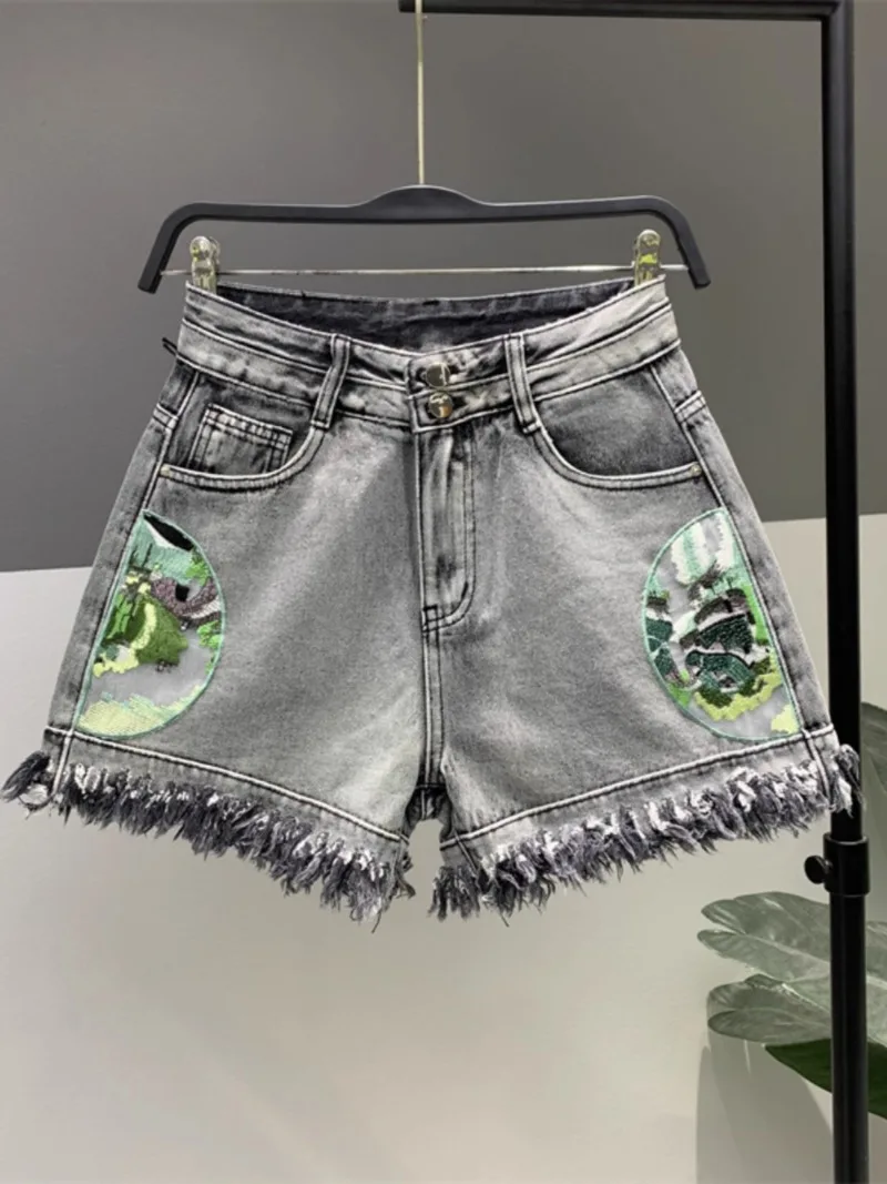 Summer 2024 New Chinese Style Embroidery Wide-Leg Denim Shorts Women's All-Match Loose Slimming A-line Zipper Tassel Booty Pants