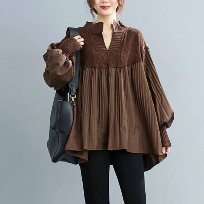 

SuperAen 2024 Женская трикотажная блузка с длинным рукавом и воротником-стойкой, женские блузки в стиле пэчворк, офисные женские топы