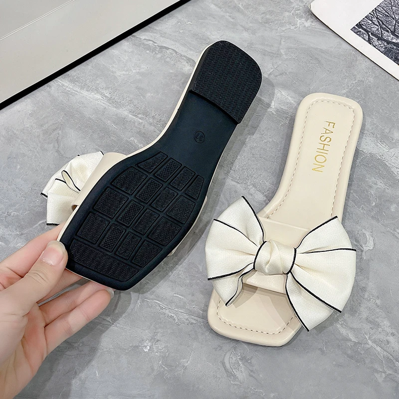 Aphixta Butterfly Knot Summer Beach Shoes Flat With Heel Slippers Women Sweet Bow Mulers Outside Sandals Square Toe Slipper