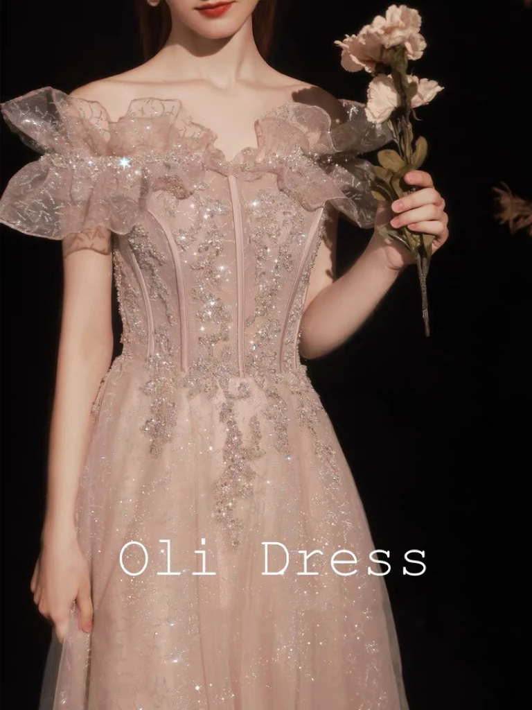 

Glitter Pink Prom Dresses Off the Shoulder Strapless Sparkly Sequin Elegant Temperament Graduation Wedding Prom Party Gowns 2023