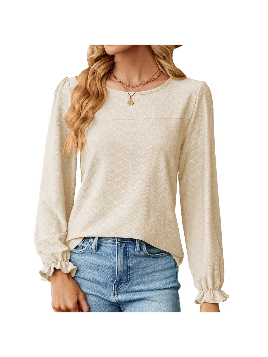 Women's Ruffle Long Sleeve T-shirt, Round Neck Tops, Loose, Monochromatic