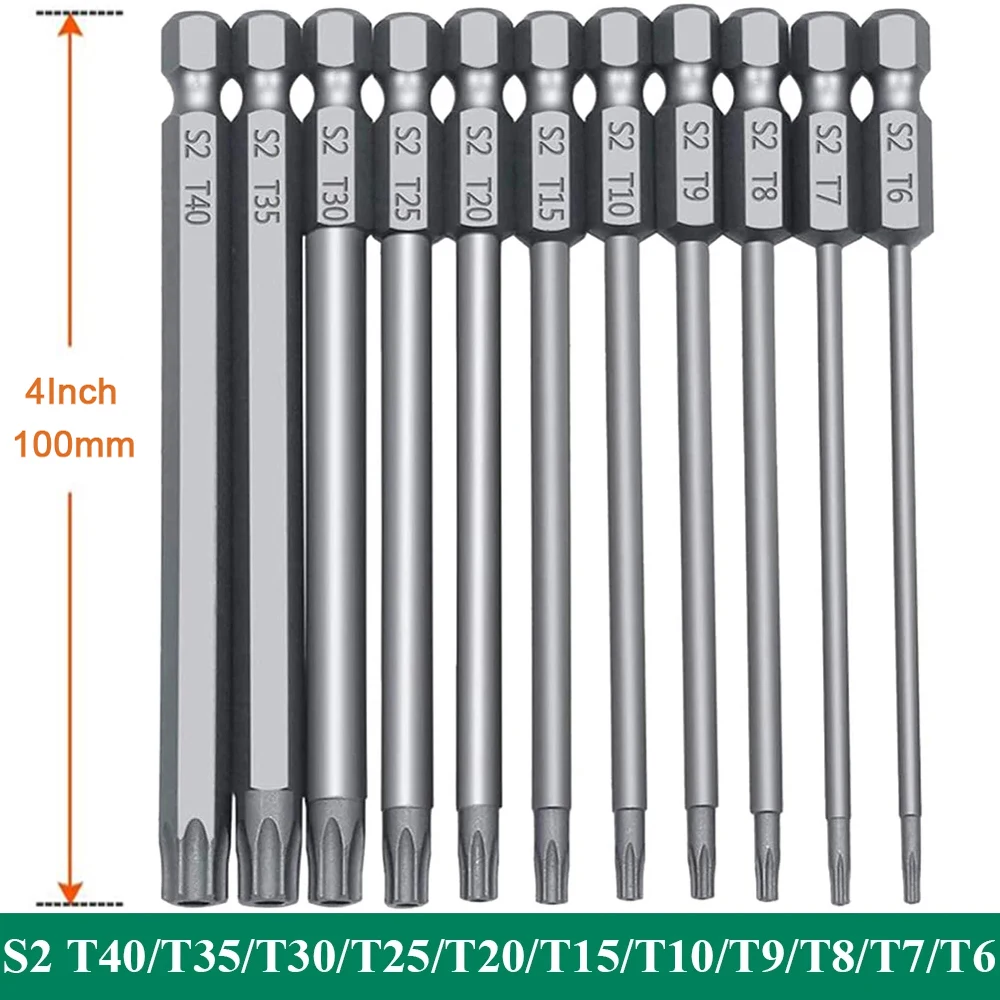 Hex Shank Torx Security Head Screwdriver Drill Set 4 Inch Length S2 Steel Torx Screwdriver Bit Set 11/12pcs Torx Head 1/4 Inch 6