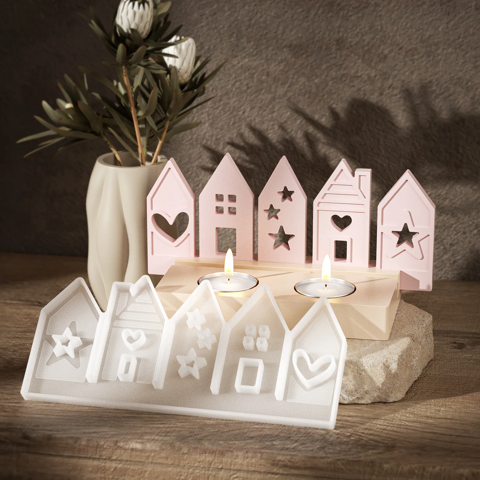 Houses Silicone Mold House Insert Ornament Hollow Light House Mold For Candle Tea Light Holder Insert Casting Decor