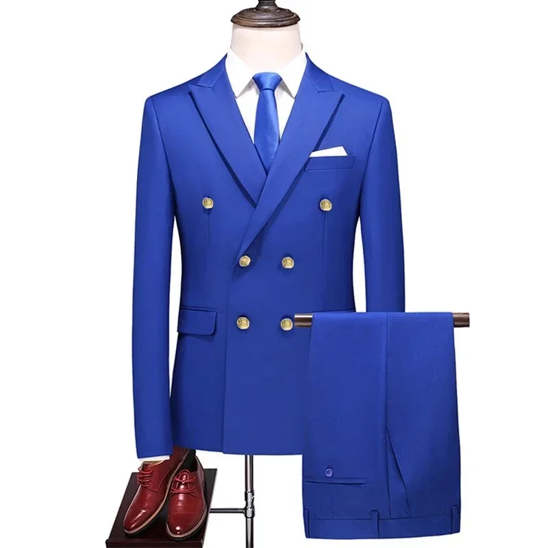 Fashion New Men's Business Double Breasted Solid Color Suit Coat / Male Slim Wedding 2 Pieces Blazers Jacket Pants Trousers