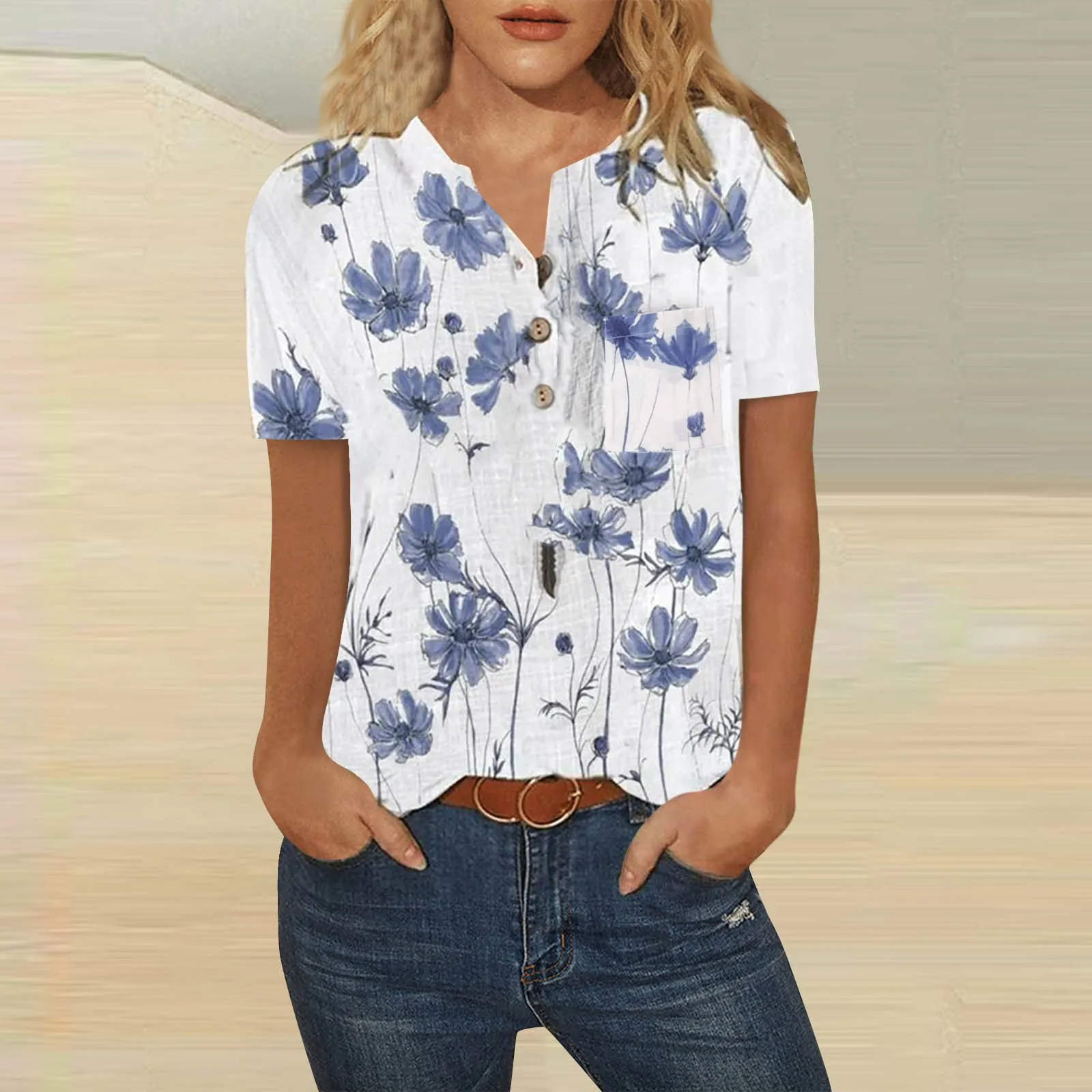 

Women Boho Cotton Shirt Summer Short Sleeve Floral Casual Tee Shirt Button Neckline T Shirts Beach Pocket Ladies Blouses Female