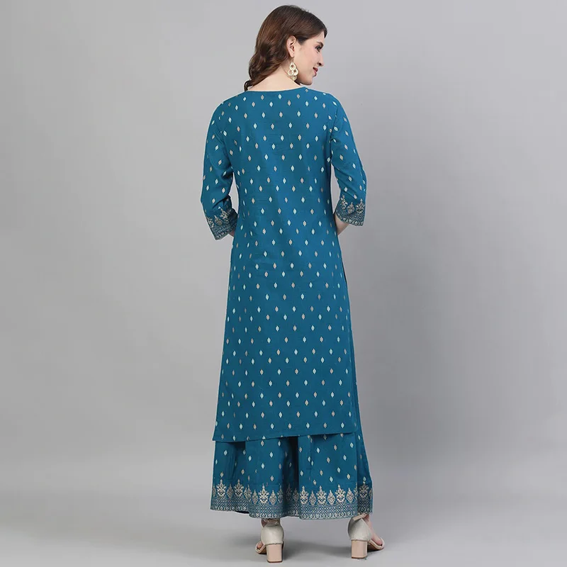 Indian Apparel Women\'s Ethnic Set 2-Piece Cotton Printed Navy Blue Indian Traditional Dress Cotton Printed 3-piece Suit