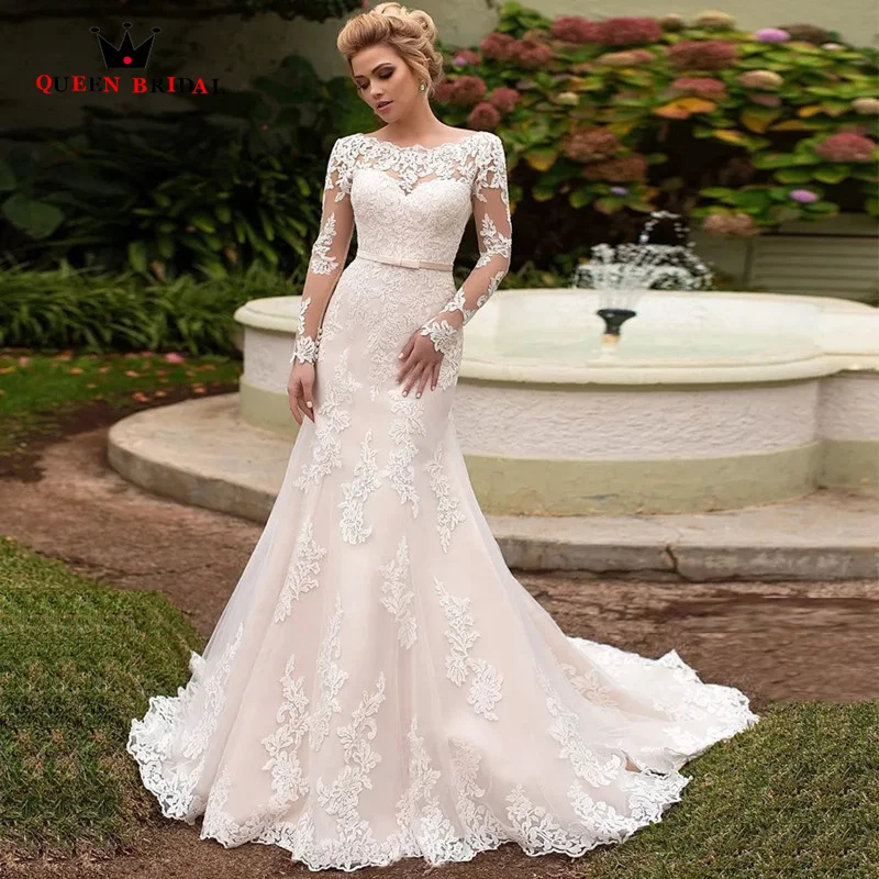 

Elegant Long Sleeves Bride Dresses Scoop Neck Lace-up back Tulle Mermaid Wedding Dress Lace Vestidos De Novia ZQ03