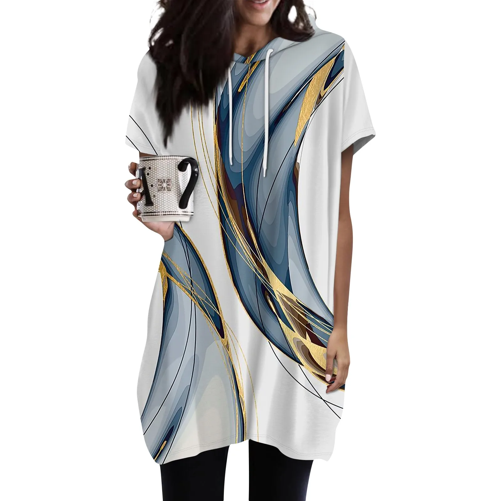 

топ женский Women's Hoodies Casual Short Sleeve Shirts Fashion Print Tunic Tops With Pockets Korean high quality clothing