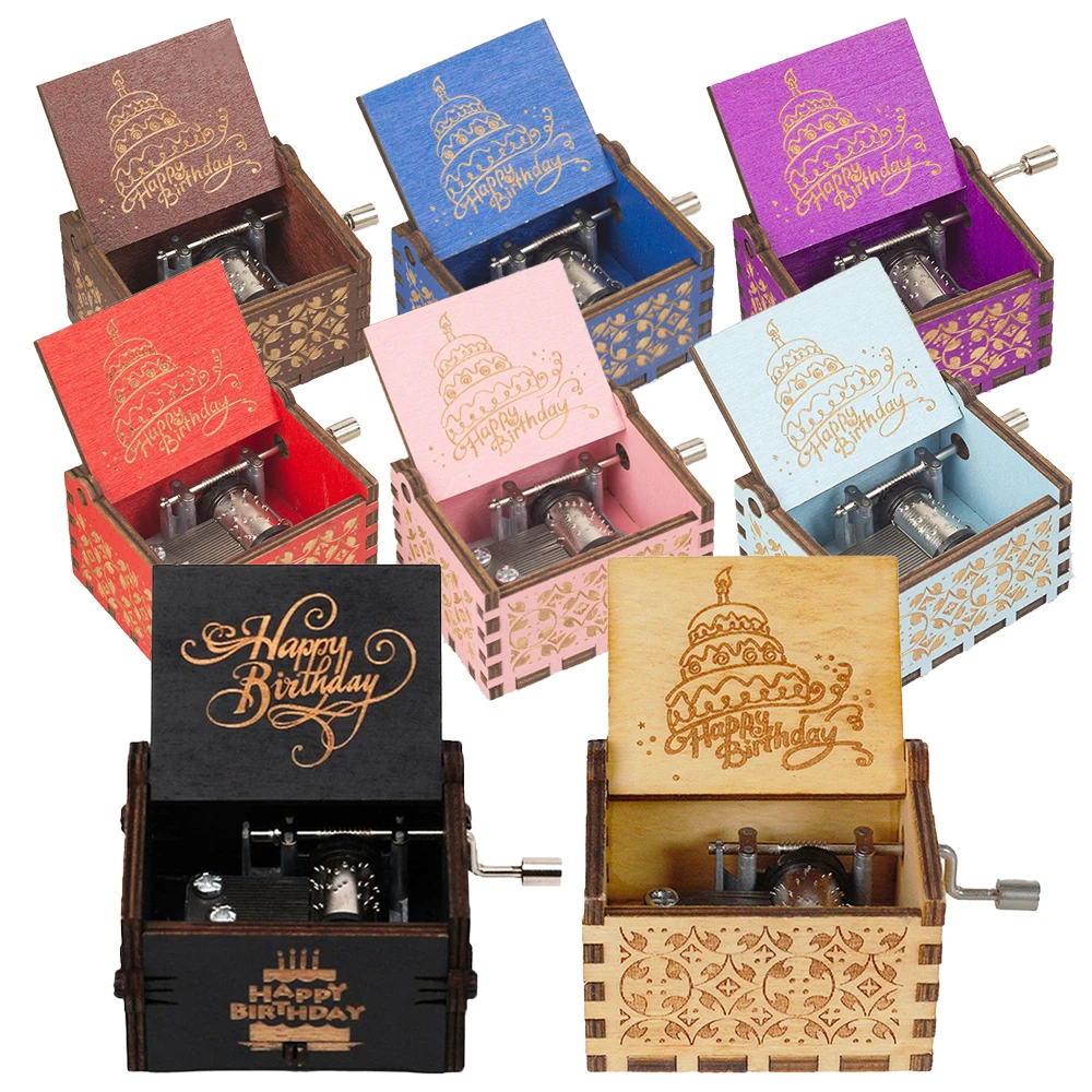 Music Box Wooden Hand Cranked 18 Tone Happy Birthday To You Theme UV Painting Birthday Gifts For Girlfriend