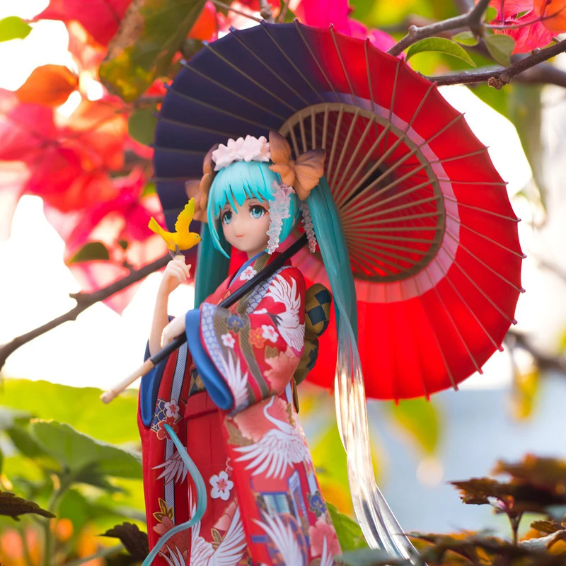 Miku-figuras de Anime Kawaii, Kimono rojo paraguas, Material de Pvc en caja, japonés, alrededor de 23Cm - AliExpress